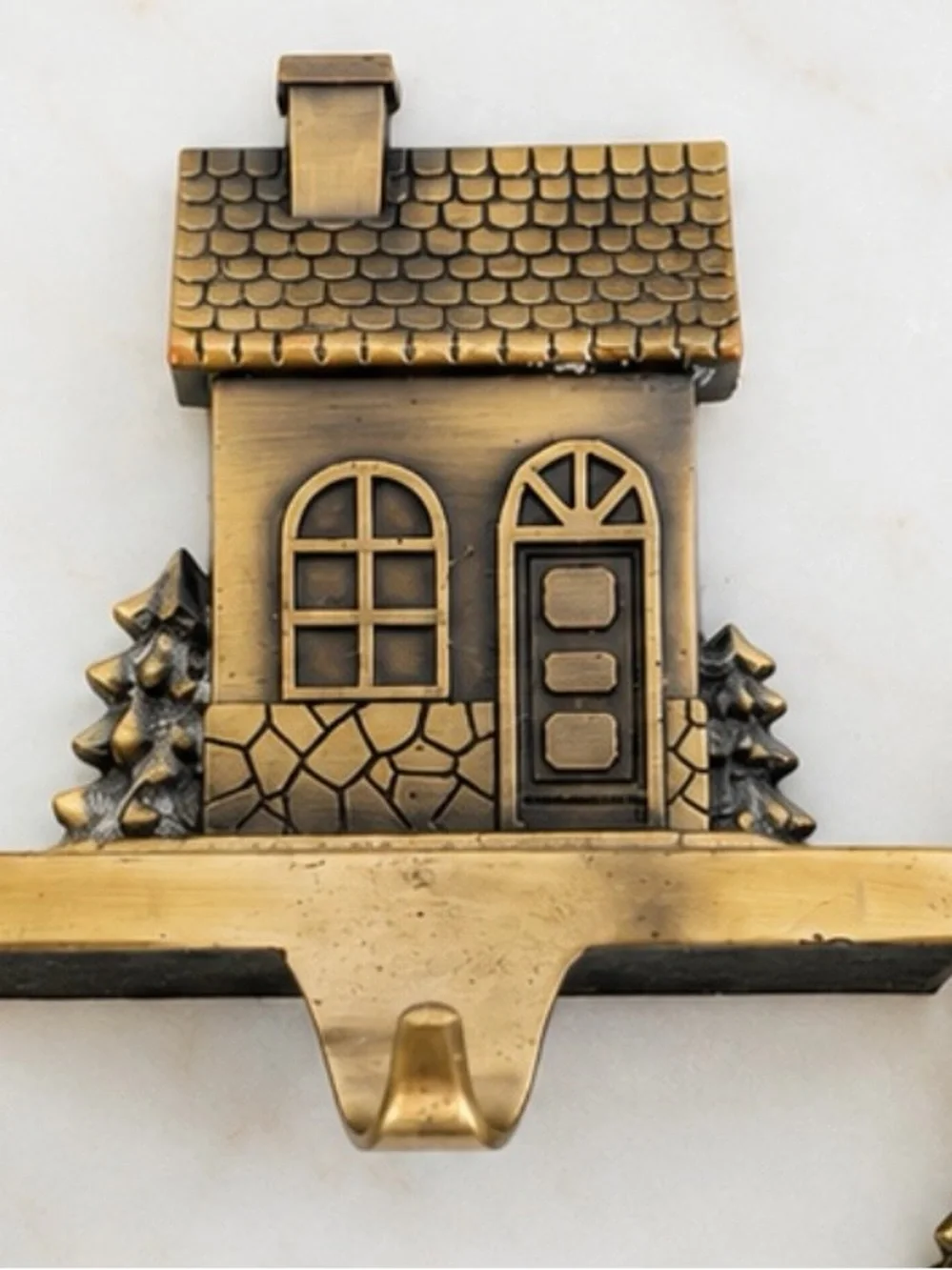 Vintage 1990’s Brass Christmas Village Stocking Holders Set/3 House Mantel Hooks